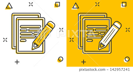 Vector cartoon document with pencil icon in comic style. Note with pen sign illustration pictogram. Notebook business splash effect concept. 142957241