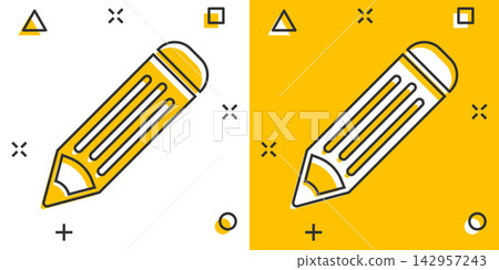 Vector cartoon pencil icon in comic style. Pen sign illustration pictogram. Pencil business splash effect concept. Vector cartoon pencil icon in comic style. Pen sign illustration pictogram. Pencil business splash effect concept. 142957243