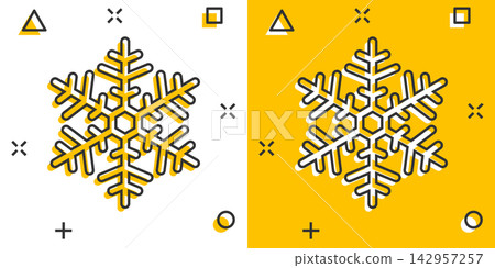 Vector cartoon snowflake icon in comic style. Winter sign illustration pictogram. Snow flake business splash effect concept. 142957257