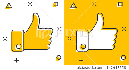 Vector cartoon like icon in comic style. Thumb up sign illustration pictogram. Like business splash effect concept. 142957258