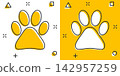 Vector cartoon paw print icon in comic style. Dog, cat, bear paw sign illustration pictogram. Animal foot business splash effect concept. 142957259