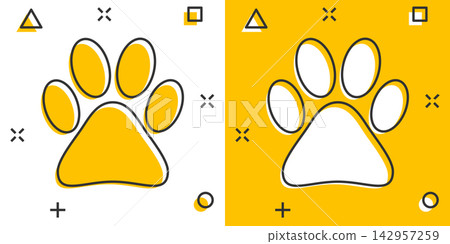 Vector cartoon paw print icon in comic style. Dog, cat, bear paw sign illustration pictogram. Animal foot business splash effect concept. 142957259
