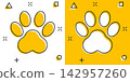 Vector cartoon paw print icon in comic style. Dog, cat, bear paw sign illustration pictogram. Animal foot business splash effect concept. 142957260