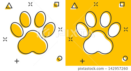 Vector cartoon paw print icon in comic style. Dog, cat, bear paw sign illustration pictogram. Animal foot business splash effect concept. 142957260