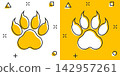 Vector cartoon paw print icon in comic style. Dog, cat, bear paw sign illustration pictogram. Animal foot business splash effect concept. 142957261