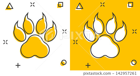 Vector cartoon paw print icon in comic style. Dog, cat, bear paw sign illustration pictogram. Animal foot business splash effect concept. Vector cartoon paw print icon in comic style. Dog, cat, bear paw sign illustration pictogram. Animal foot business splash effect concept. 142957261