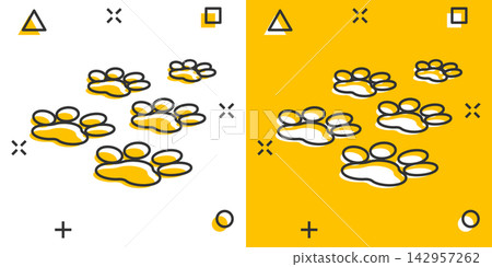 Vector cartoon paw print icon in comic style. Dog, cat, bear paw sign illustration pictogram. Animal foot business splash effect concept. Vector cartoon paw print icon in comic style. Dog, cat, bear paw sign illustration pictogram. Animal foot business splash effect concept. 142957262