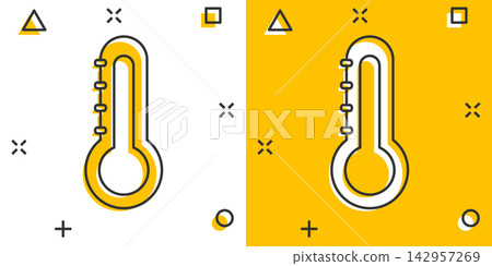 Vector thermometer icon in comic style. Goal sign illustration pictogram. Thermometer business splash effect concept. 142957269