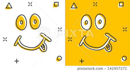 Vector cartoon smile with tongue icon in comic style. Smile face sign illustration pictogram. Funny face business splash effect concept. Vector cartoon smile with tongue icon in comic style. Smile face sign illustration pictogram. Funny face business splash effect concept. 142957271