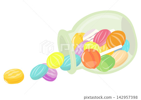 An illustration of colorful candies spilling out of an overturned bottle. An illustration of colorful candies spilling out of an overturned bottle. 142957398