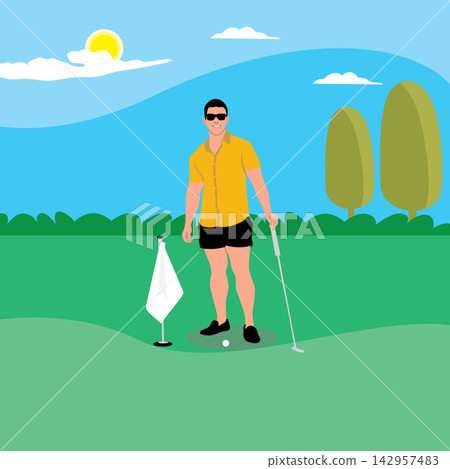 Golfer on a golf course. Vector illustration in flat style Golfer on a golf course. Vector illustration in flat style 142957483