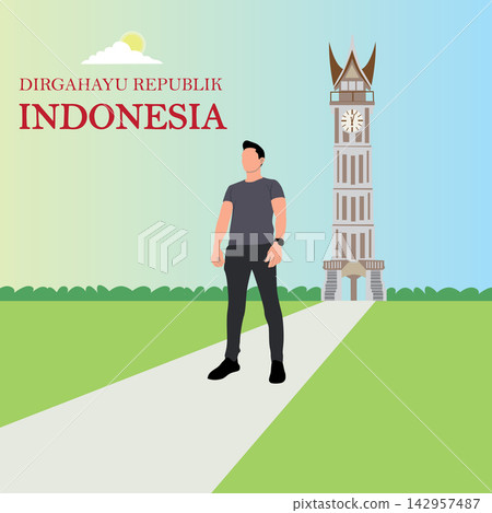 Vector illustration of a man standing in front of Padang Tower. Vector illustration of a man standing in front of Padang Tower. 142957487