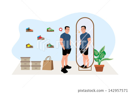 Vector illustration of a man looking at himself in the mirror. Flat style. Vector illustration of a man looking at himself in the mirror. Flat style. 142957571