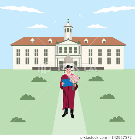 Graduate with books in front of the school. Vector illustration. Graduate with books in front of the school. Vector illustration. 142957572
