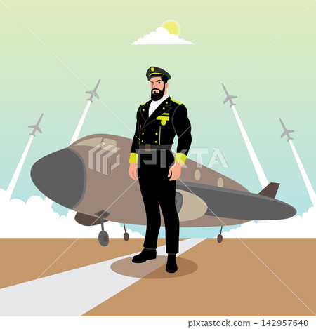 Vector illustration of a pilot standing on the runway with an airplane. Vector illustration of a pilot standing on the runway with an airplane. 142957640