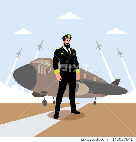 Vector illustration of a pilot standing on the runway with an airplane. Vector illustration of a pilot standing on the runway with an airplane. 142957641