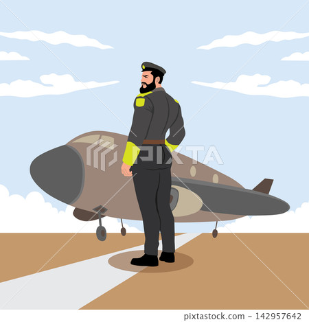 Vector illustration of a pilot standing on the runway with an airplane. Vector illustration of a pilot standing on the runway with an airplane. 142957642