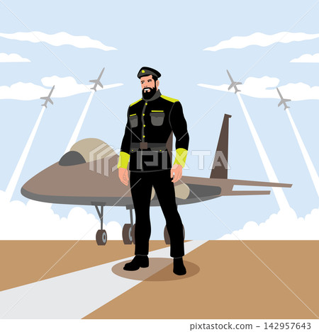 Vector illustration of a pilot standing on the runway with an airplane. 142957643