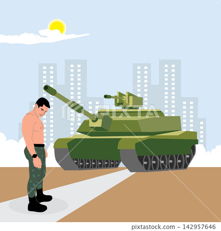 Military man with tank. Flat style vector illustration on city background. Military man with tank. Flat style vector illustration on city background. 142957646