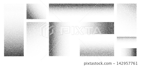 Stippling grain gradient texture collection with dotted halftone fade rectangles, vertical and horizontal noise overlays, monochrome particle backgrounds and speckled transition vector elements Stippling grain gradient texture collection with dotted halftone fade rectangles, vertical and horizontal noise overlays, monochrome particle backgrounds and speckled transition vector elements 142957761