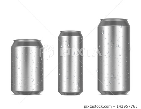 Realistic silver aluminum beverage cans with condensation droplets, blank soda and energy drink packaging mockup in different sizes, chilled metallic containers for product advertising. Vector set Realistic silver aluminum beverage cans with condensation droplets, blank soda and energy drink packaging mockup in different sizes, chilled metallic containers for product advertising. Vector set 142957763