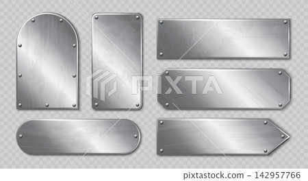 Realistic brushed steel metal plates with riveted plaque frames, blank silver banners, rounded signs, arrow labels and industrial hardware panels for signage, UI, advertising and vector template Realistic brushed steel metal plates with riveted plaque frames, blank silver banners, rounded signs, arrow labels and industrial hardware panels for signage, UI, advertising and vector template 142957766
