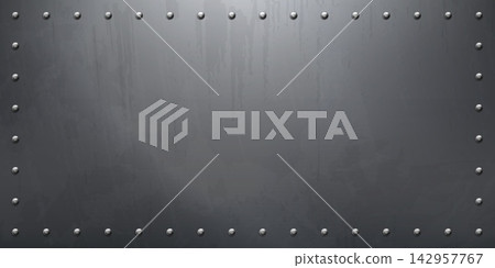Dark riveted steel metal vector background with weathered industrial plate texture, realistic silver fasteners, scratched grunge surface, blank copy space and heavy mechanical frame for banner 142957767