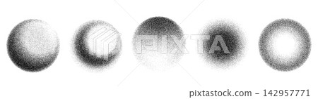 Grainy stipple dot spray brush vector set with shaded circular halftone spheres, soft particle gradients, dotted noise textures and abstract monochrome round shapes for modern overlays 142957771