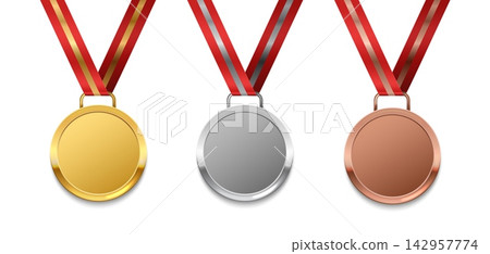 Realistic gold, silver and bronze winner medals with red striped ribbons, blank sport championship award medallions for prize, victory and achievement design. Vector isolated set Realistic gold, silver and bronze winner medals with red striped ribbons, blank sport championship award medallions for prize, victory and achievement design. Vector isolated set 142957774