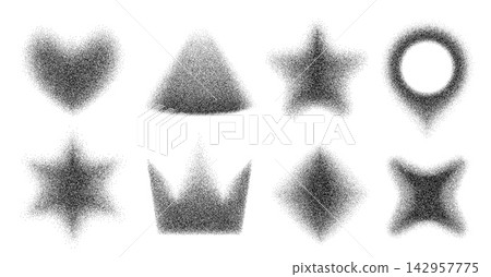 Abstract stipple grain shape set with heart, triangle, star, location pin, crown and diamond icons, dotted halftone particle elements. Vector isolated set Abstract stipple grain shape set with heart, triangle, star, location pin, crown and diamond icons, dotted halftone particle elements. Vector isolated set 142957775