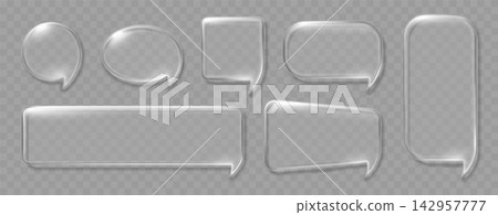 Realistic transparent glass speech bubble with chat message balloons in round, oval, square, horizontal and vertical shapes for UI interface design. Isolated vector set Realistic transparent glass speech bubble with chat message balloons in round, oval, square, horizontal and vertical shapes for UI interface design. Isolated vector set 142957777
