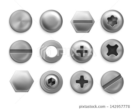 Realistic steel screw heads and metal fastener with slotted, cross, torx and hex socket bolts, washers, nuts and polished hardware parts. Vector isolated set Realistic steel screw heads and metal fastener with slotted, cross, torx and hex socket bolts, washers, nuts and polished hardware parts. Vector isolated set 142957778