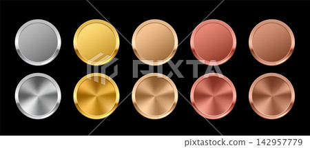 Realistic 3D metal button, medals vector set with silver, gold, bronze and copper round badges or coins, glossy brushed steel discs and polished blank sports award Realistic 3D metal button, medals vector set with silver, gold, bronze and copper round badges or coins, glossy brushed steel discs and polished blank sports award 142957779
