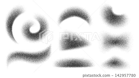 Grainy stipple halftone gradient shapes, dotted particle swooshes, curved spray shadows and abstract monochrome texture elements. Vector isolated set Grainy stipple halftone gradient shapes, dotted particle swooshes, curved spray shadows and abstract monochrome texture elements. Vector isolated set 142957780