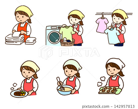 Women's set for folding laundry, washing clothes, hanging clothes to dry, and cooking. Women's set for folding laundry, washing clothes, hanging clothes to dry, and cooking. 142957813