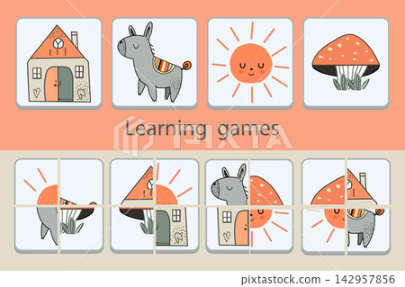 Illustration of educational matching game with animals and objects, ideal for childrens learning 142957856