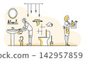 Robotic assistant cleaning bathroom alongside woman, showcasing modern household technology 142957859