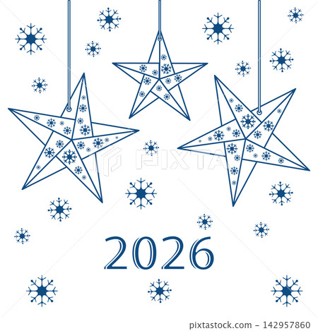 Christmas stars with snowflakes and year 2026 in blue on white festive background Christmas stars with snowflakes and year 2026 in blue on white festive background 142957860