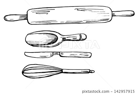 Vector illustration of kitchen tools: rolling pin, wooden spoon, knife, and whisk. Suitable for bakery, restaurant, culinary school, food blog, and apron prints. Vector illustration of kitchen tools: rolling pin, wooden spoon, knife, and whisk. Suitable for bakery, restaurant, culinary school, food blog, and apron prints. 142957915