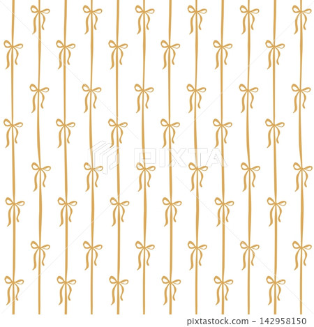 Golden bows seamless pattern. Vector coquette vertical striped ribbons festive repeat background, Christmas print Golden bows seamless pattern. Vector coquette vertical striped ribbons festive repeat background, Christmas print 142958150