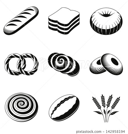 The image shows a black-and-white vector icon set featuring a variety of nine different bakery and bread items 142958194