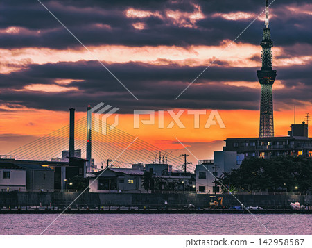夕陽西下,晴空塔和中川河的景色盡收眼底。 夕陽西下,晴空塔和中川河的景色盡收眼底。 142958587