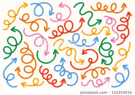 Colorful hand drawn curved arrows set. Doodle spiral pointers and direction symbols for infographic, presentation and design. Isolated vector illustration on white background Colorful hand drawn curved arrows set. Doodle spiral pointers and direction symbols for infographic, presentation and design. Isolated vector illustration on white background 142959016