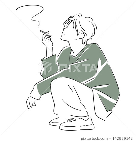 A simple hand-drawn line art illustration of a young man smoking a cigarette. A simple hand-drawn line art illustration of a young man smoking a cigarette. 142959142