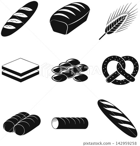 The image displays a set of nine black-and-white bakery and bread-related icons The image displays a set of nine black-and-white bakery and bread-related icons 142959258