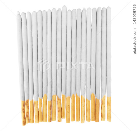 White chocolate coated biscuit sticks isolated on white background White chocolate coated biscuit sticks isolated on white background 142959736
