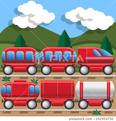 Railway locomotives and wagons. Side view. Vector illustration. Railway locomotives and wagons. Side view. Vector illustration. 142959750