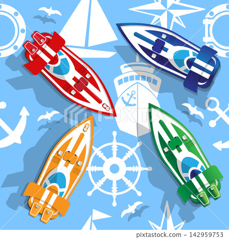 Boats on a background of sea icons. Seamless pattern. Vector illustration. Boats on a background of sea icons. Seamless pattern. Vector illustration. 142959753