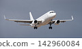 The plane lands, passenger airliner. The plane lands. A white plane flies in storm clouds, preparing to land at the airport 142960084