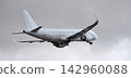 The plane is taking off, passenger airliner. A white plane flies in storm clouds. Retracting the landing gear 142960088